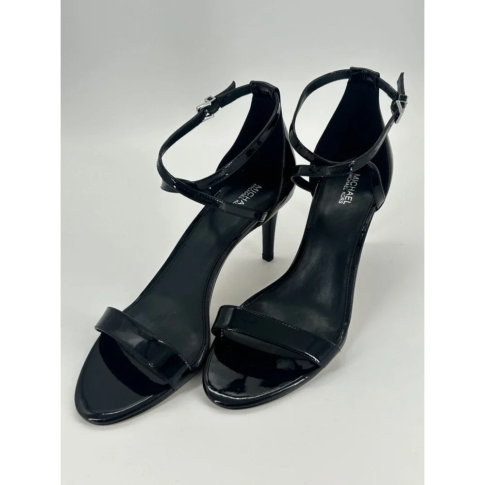 Michael‎ Kors Ava Mid Black Patent Strappy Heels 9.5 NIB